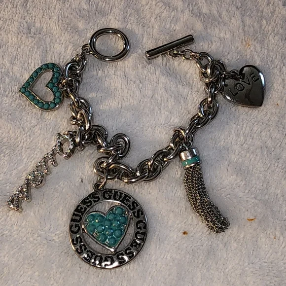 GUESS Silver-Tone Turquoise Heart & Charm Toggle Bracelet - Picture 6 of 11